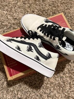 Vans Cream and Black Low Top Sneakers with grim reaper Graphic